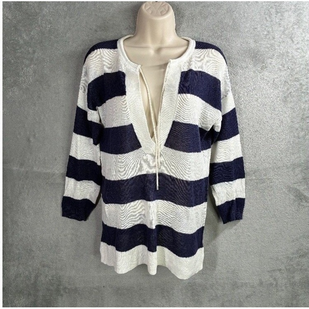 LOFT Striped Linen Cotton Sweater Top Medium Coastal‎ Nautical Resort Preppy
